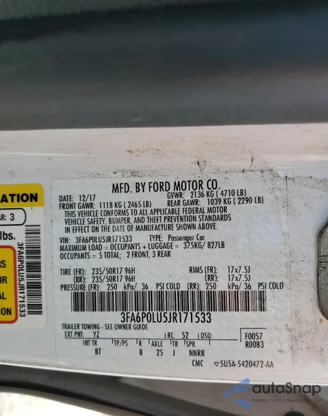 2018 Ford Fusion Se Hybrid z USA, uszkodzony, nr VIN 3FA6P0LU5JR171533